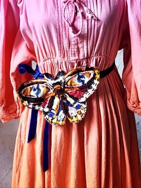 Boho Blue Velvet Jabot Butterfly Necklace/Belt Upcycled Vintage Moth Artisan